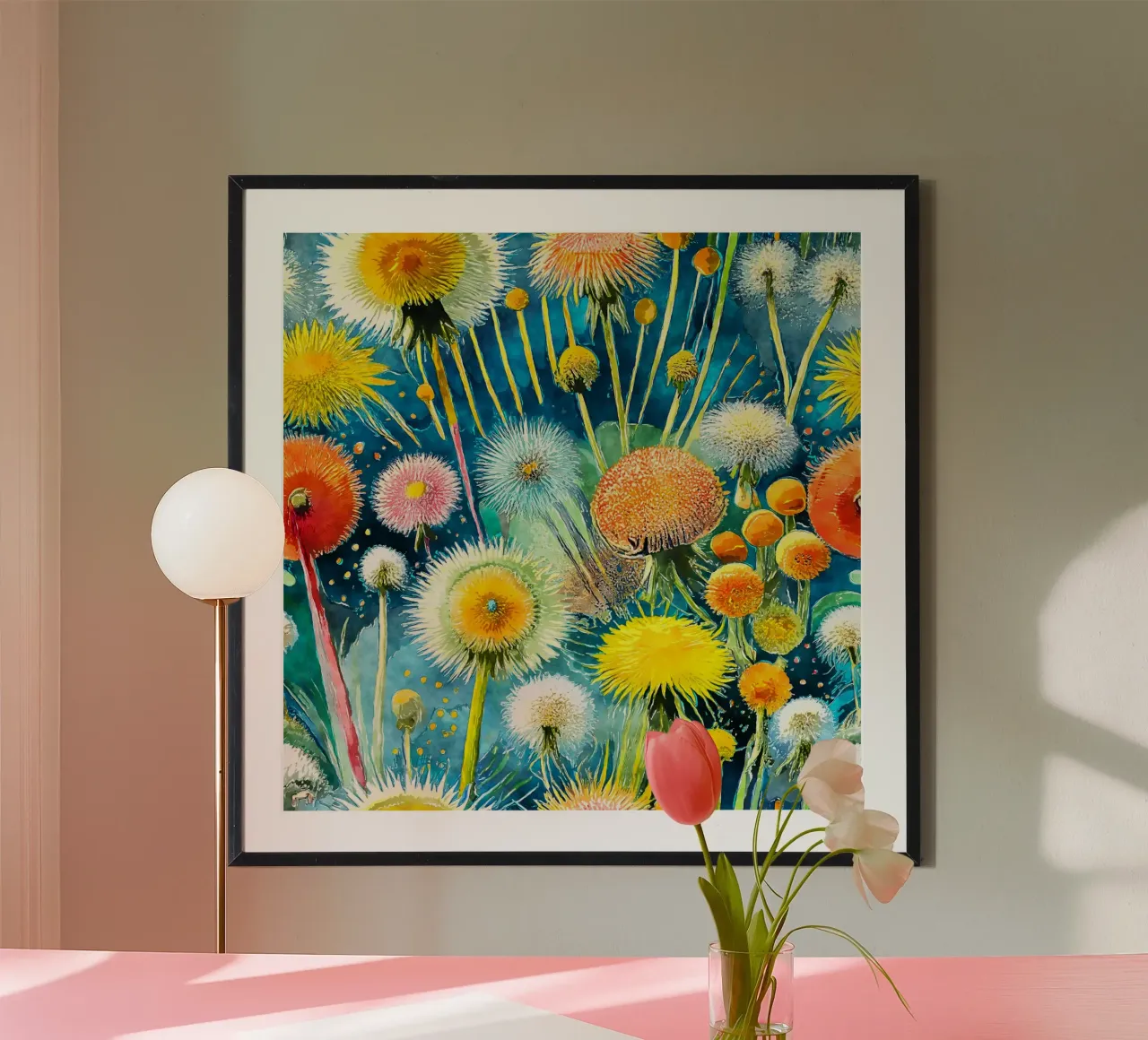Denti di leone divertenti poster con telaio in alluminio da Botanical Pattern House