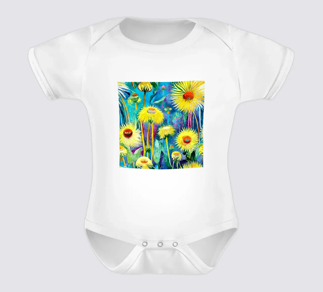 Funky Dandelions short-sleeve baby romper by Botanical Pattern House