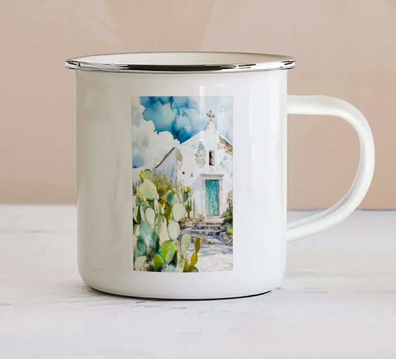 Chiesa del villaggio messicano tazza in smalto da Justyna Jaszke JBJart