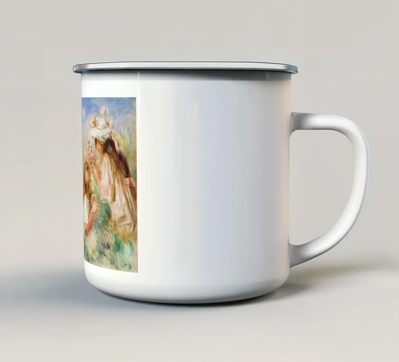 Ragazze nell'erba che compongono un bouquet tazza in smalto da Pretty Flowers Vintage Botanicals