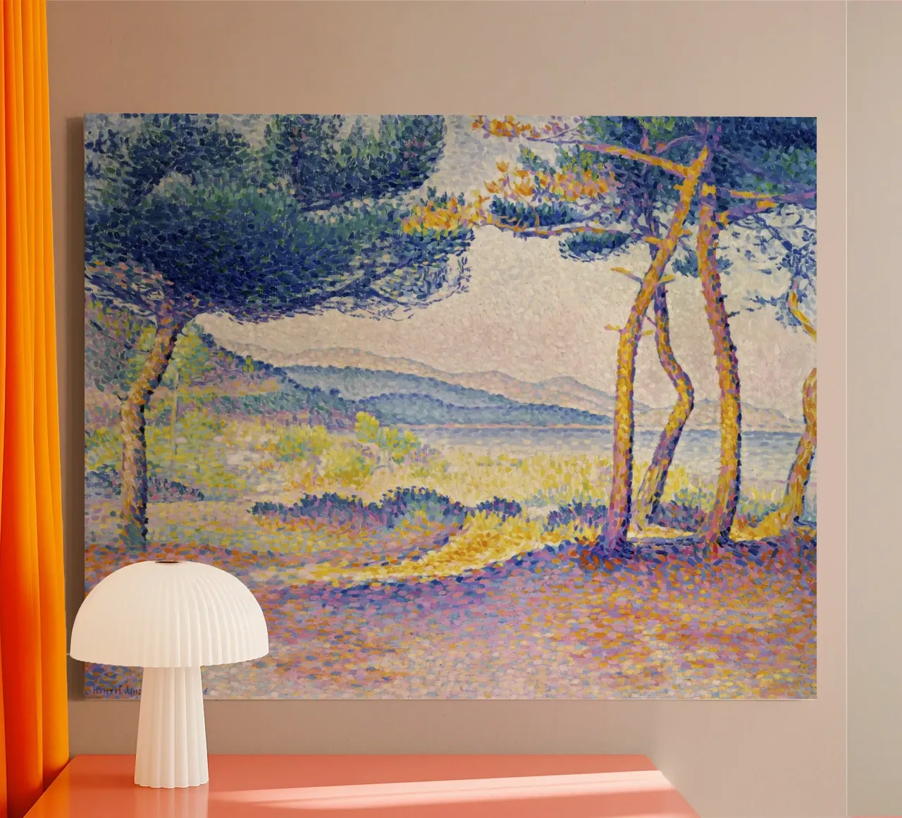 Henri-Edmond Cross: Pointillistische dennen, kustlandschapskunst canvas met Baklijst van NorwesClub
