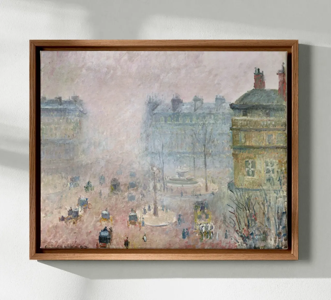 Pissarro's Paris Fog: Impressionist Cityscape, Moody, Serene canvas with Floater frame by NorwesClub