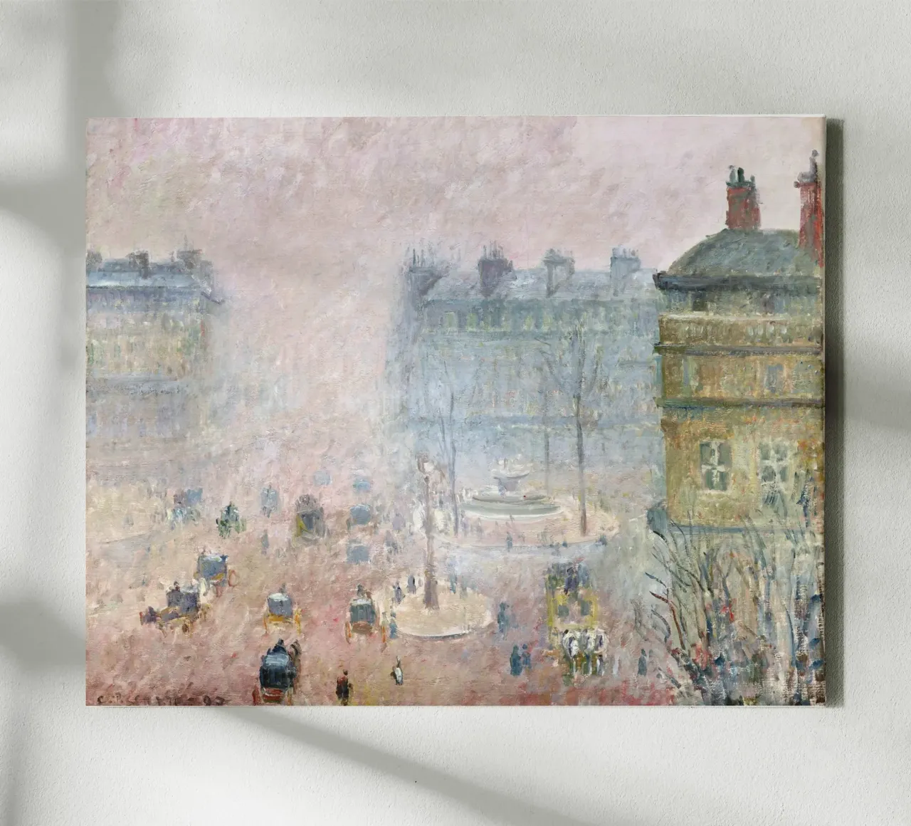 Pissarro's Paris Fog: Impressionist Cityscape, Moody, Serene canvas with Floater frame by NorwesClub