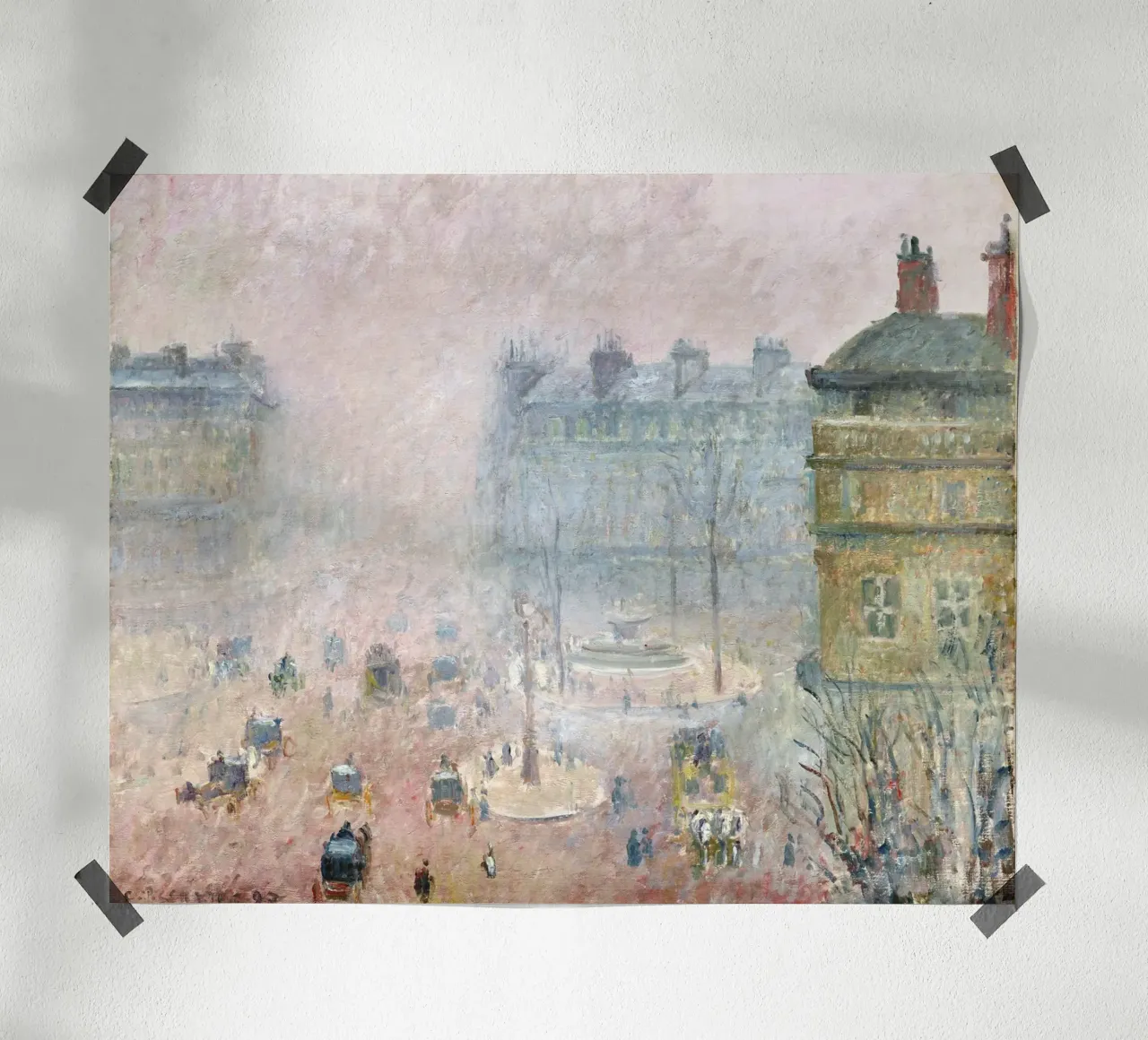 Pissarro's Paris Fog: Impressionist Cityscape, Moody, Serene poster with aluminum frame by NorwesClub