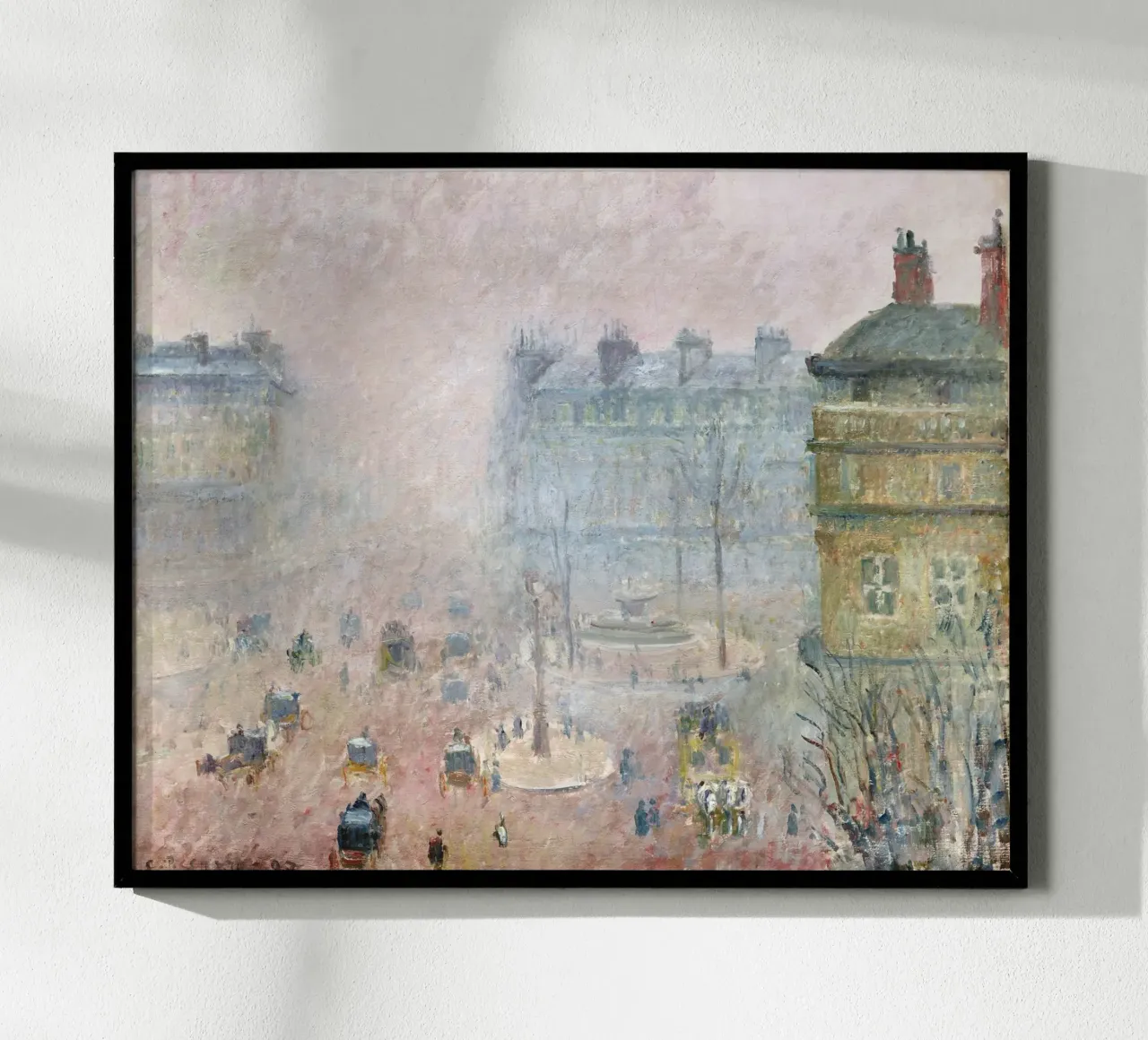 Pissarro's Paris Fog: Impressionist Cityscape, Moody, Serene poster with aluminum frame by NorwesClub