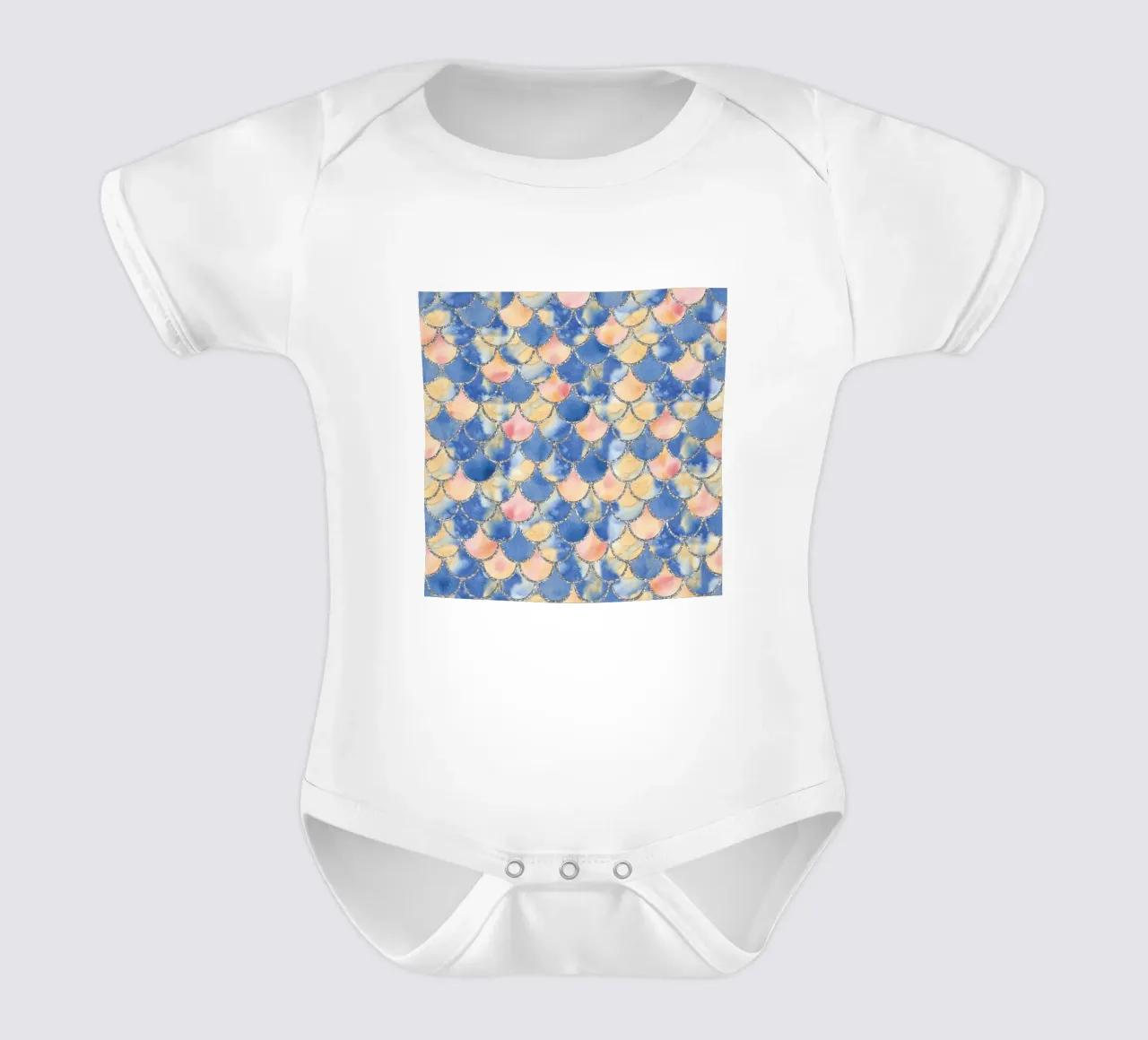 Mermaid Scales in Blue Sand short-sleeve baby romper by Happy Littles