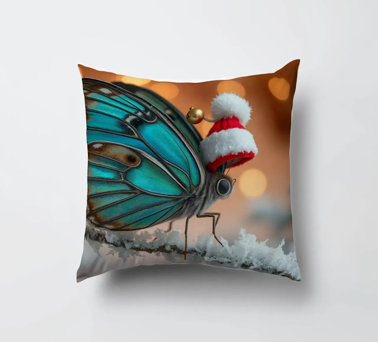 Una farfalla blu con un festoso cappello da Babbo Natale appollaiata su un albero di Natale. cuscino da DesignDoodle