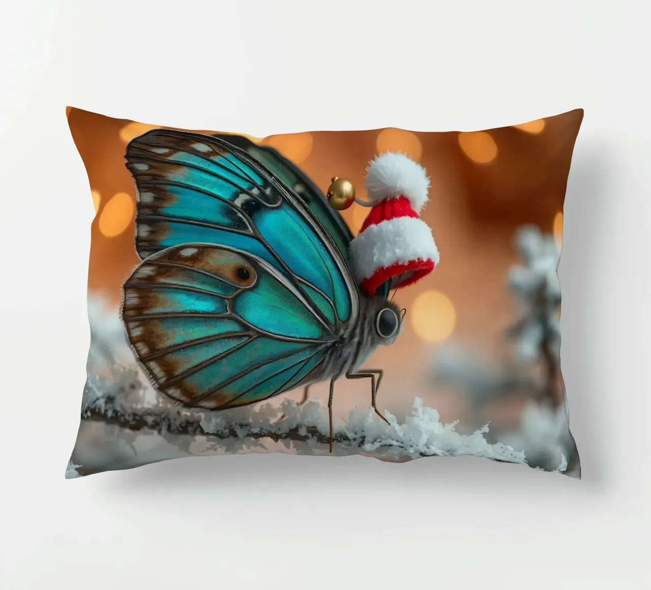 Una farfalla blu con un festoso cappello da Babbo Natale appollaiata su un albero di Natale. cuscino da DesignDoodle