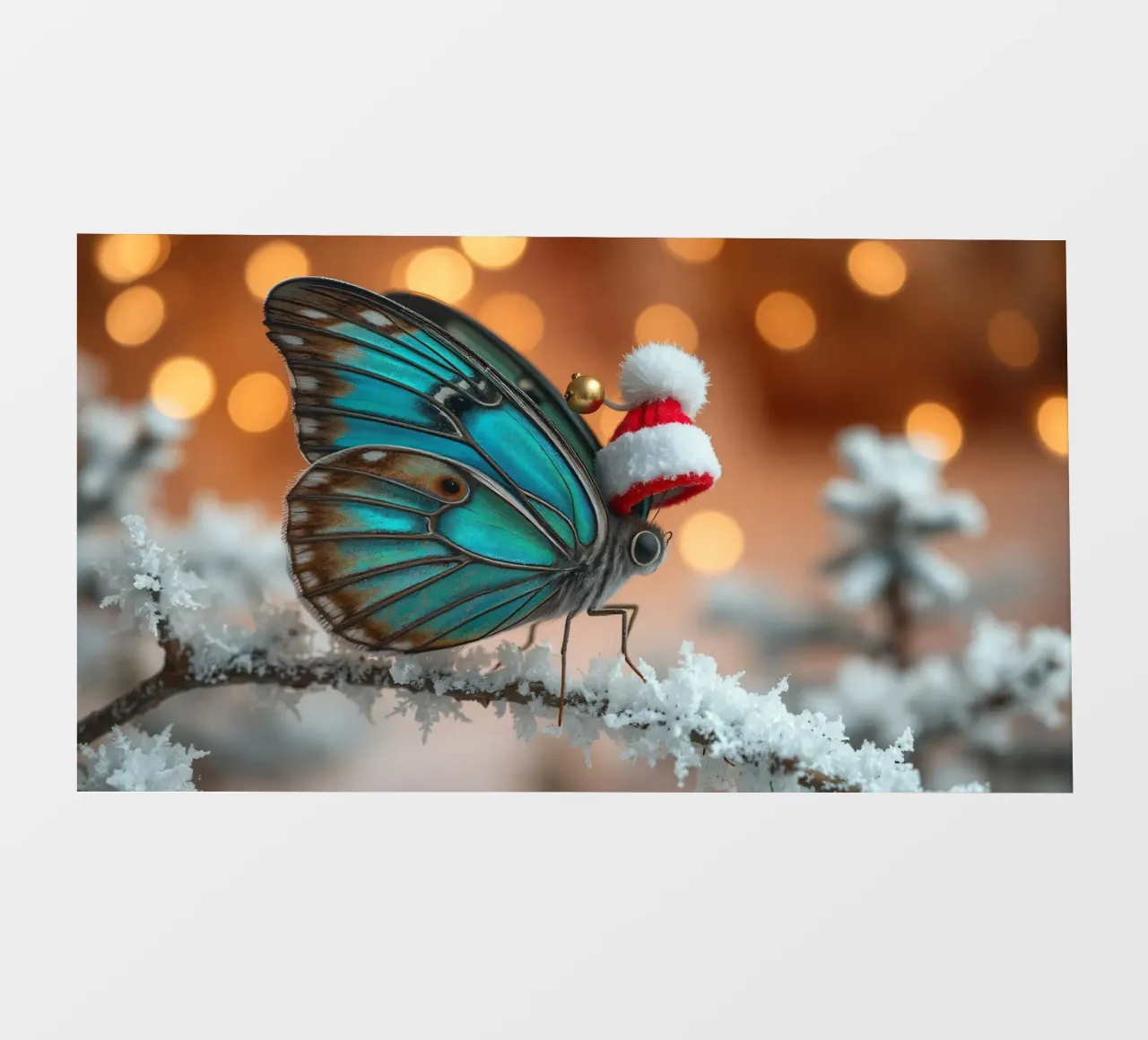 Una farfalla blu con un festoso cappello da Babbo Natale appollaiata su un albero di Natale. pellicola backlit da DesignDoodle