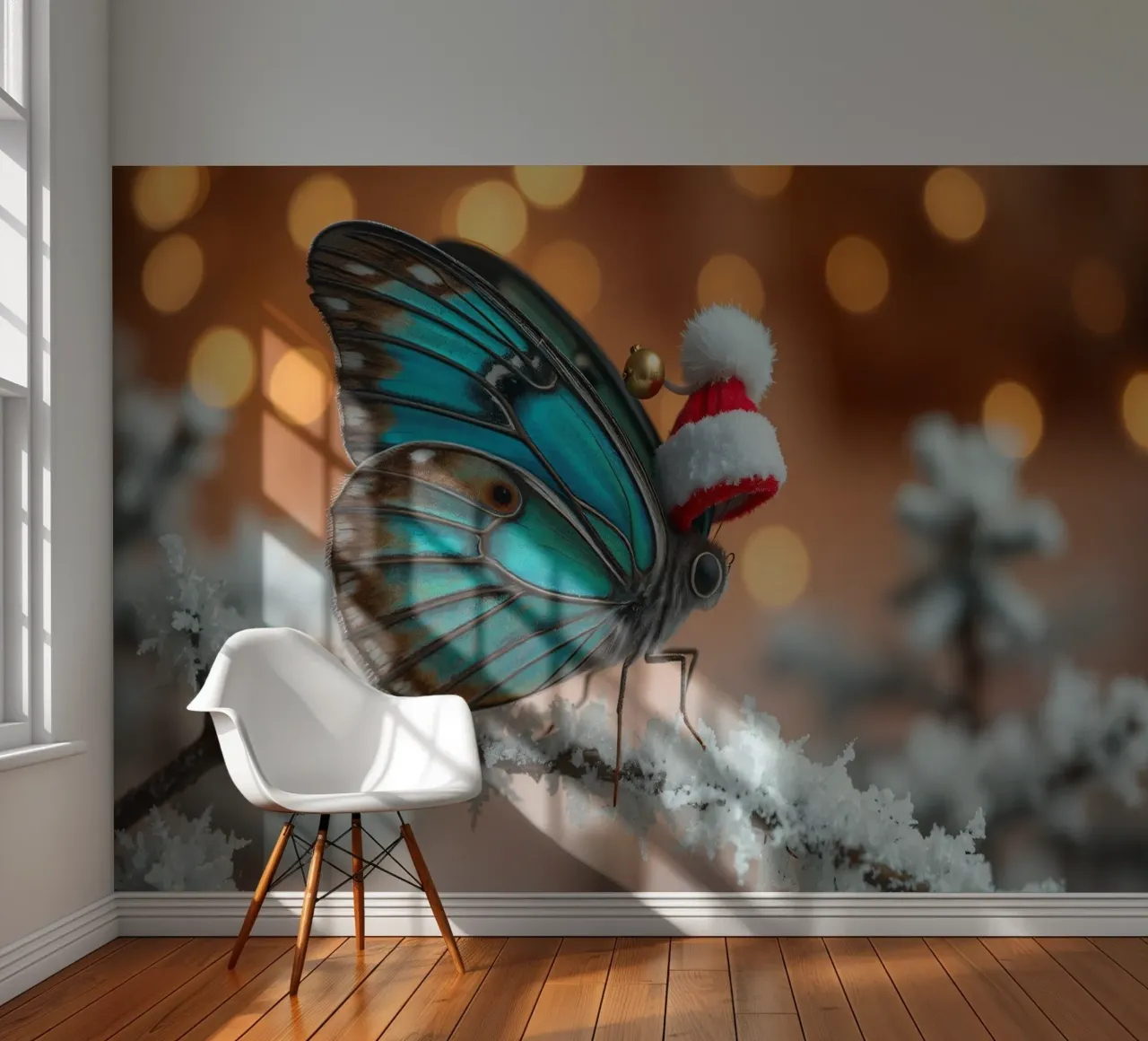 Ein blauer Schmetterling mit einer festlichen Weihnachtsmannmütze sitzt auf einer Sn Fototapete von DesignDoodle