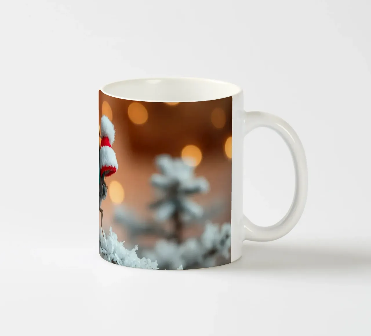 Una farfalla blu con un festoso cappello da Babbo Natale appollaiata su un albero di Natale. tazza in ceramica da DesignDoodle