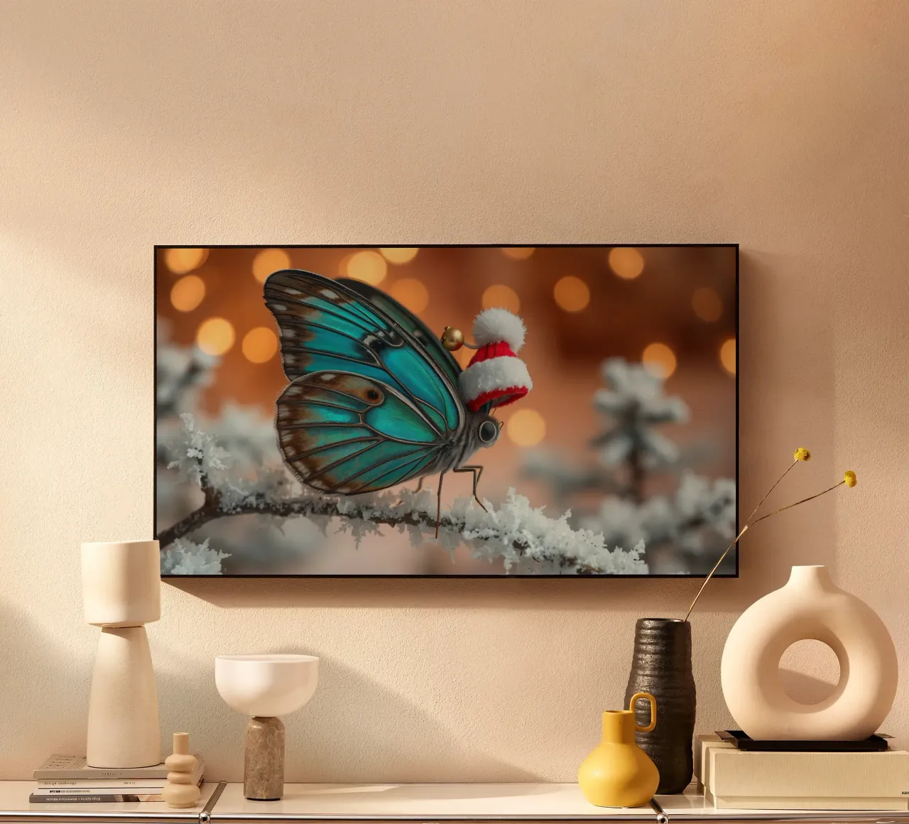 Una farfalla blu con un festoso cappello da Babbo Natale appollaiata su un albero di Natale. plexiglass da DesignDoodle