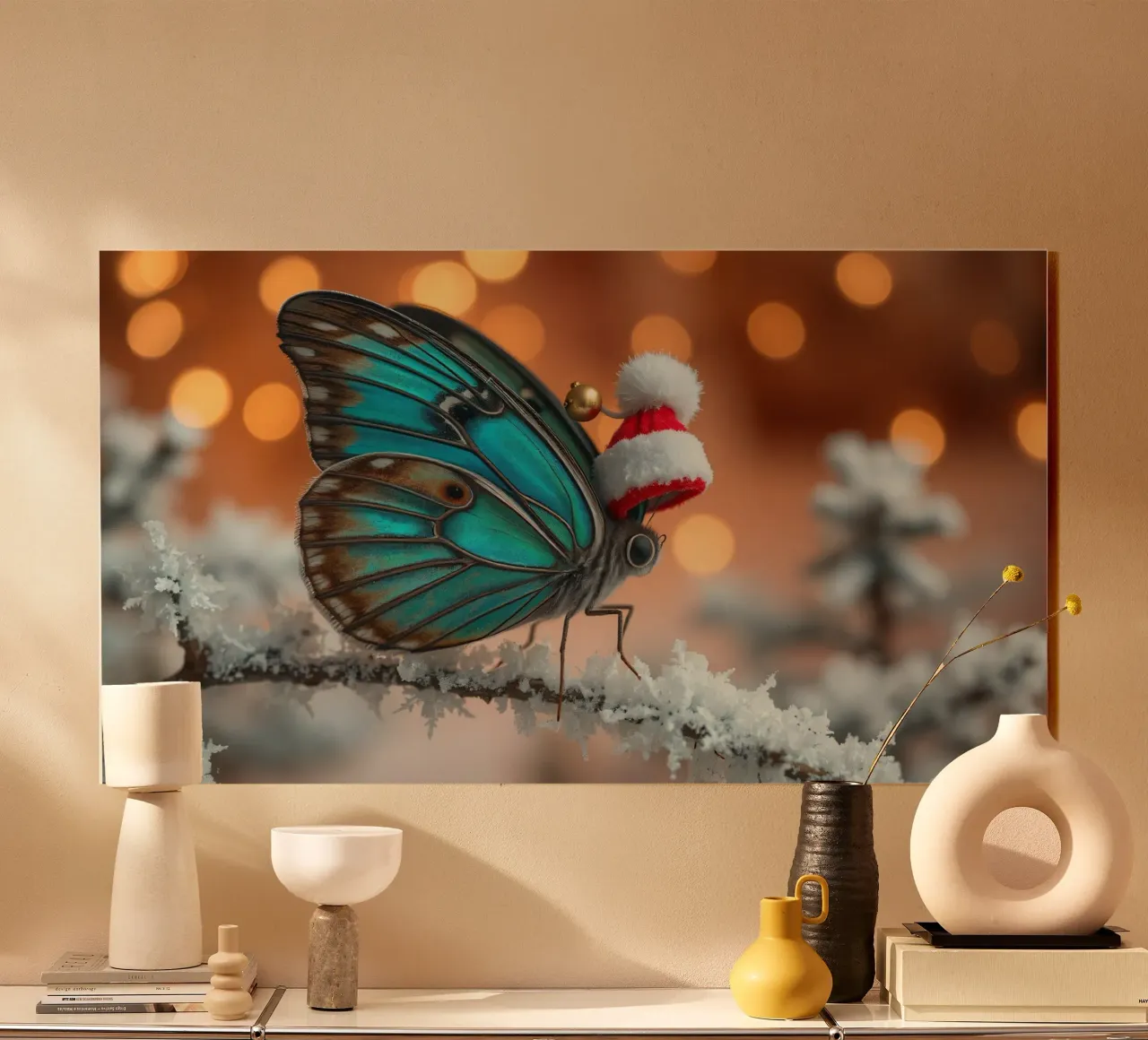 Una farfalla blu con un festoso cappello da Babbo Natale appollaiata su un albero di Natale. plexiglass da DesignDoodle