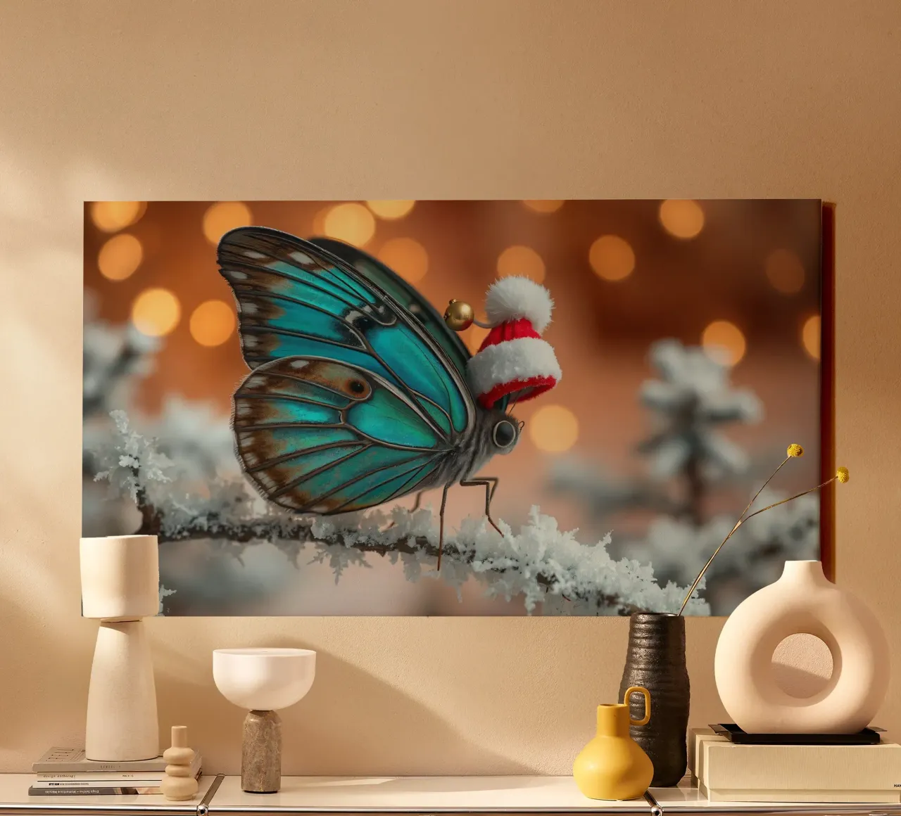 Una farfalla blu con un festoso cappello da Babbo Natale appollaiata su un albero di Natale. tela con Cornice a cassetta da DesignDoodle