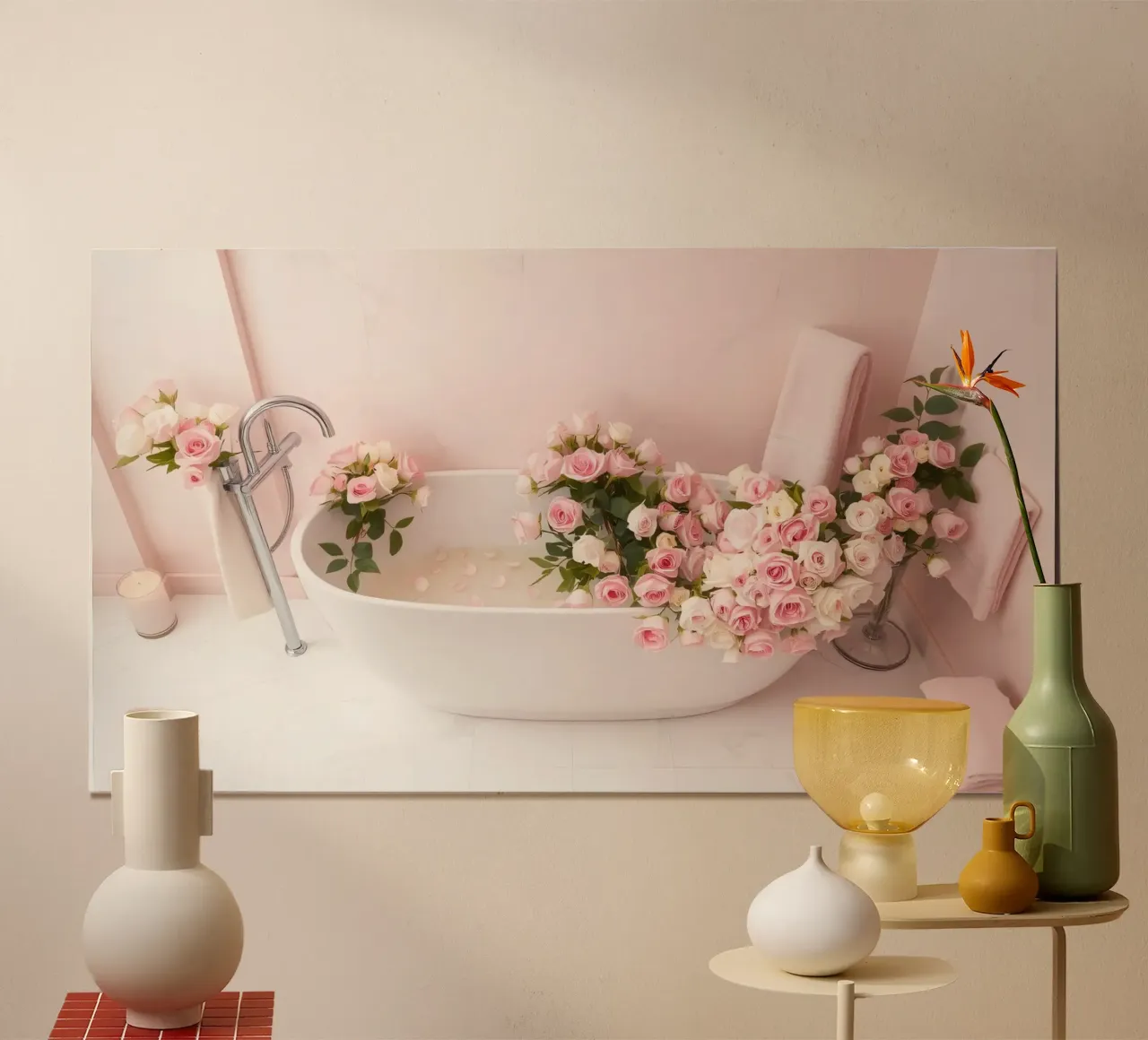 Un rilassante bagno floreale in un bagno moderno e decorato poster con telaio in alluminio da DesignDoodle