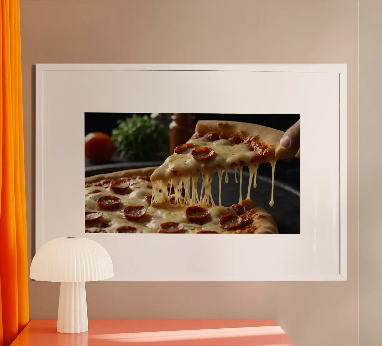 Leckere Peperoni-Pizza wird frisch aus dem Ofen serviert Poster mit Kunststoffrahmen von DesignDoodle