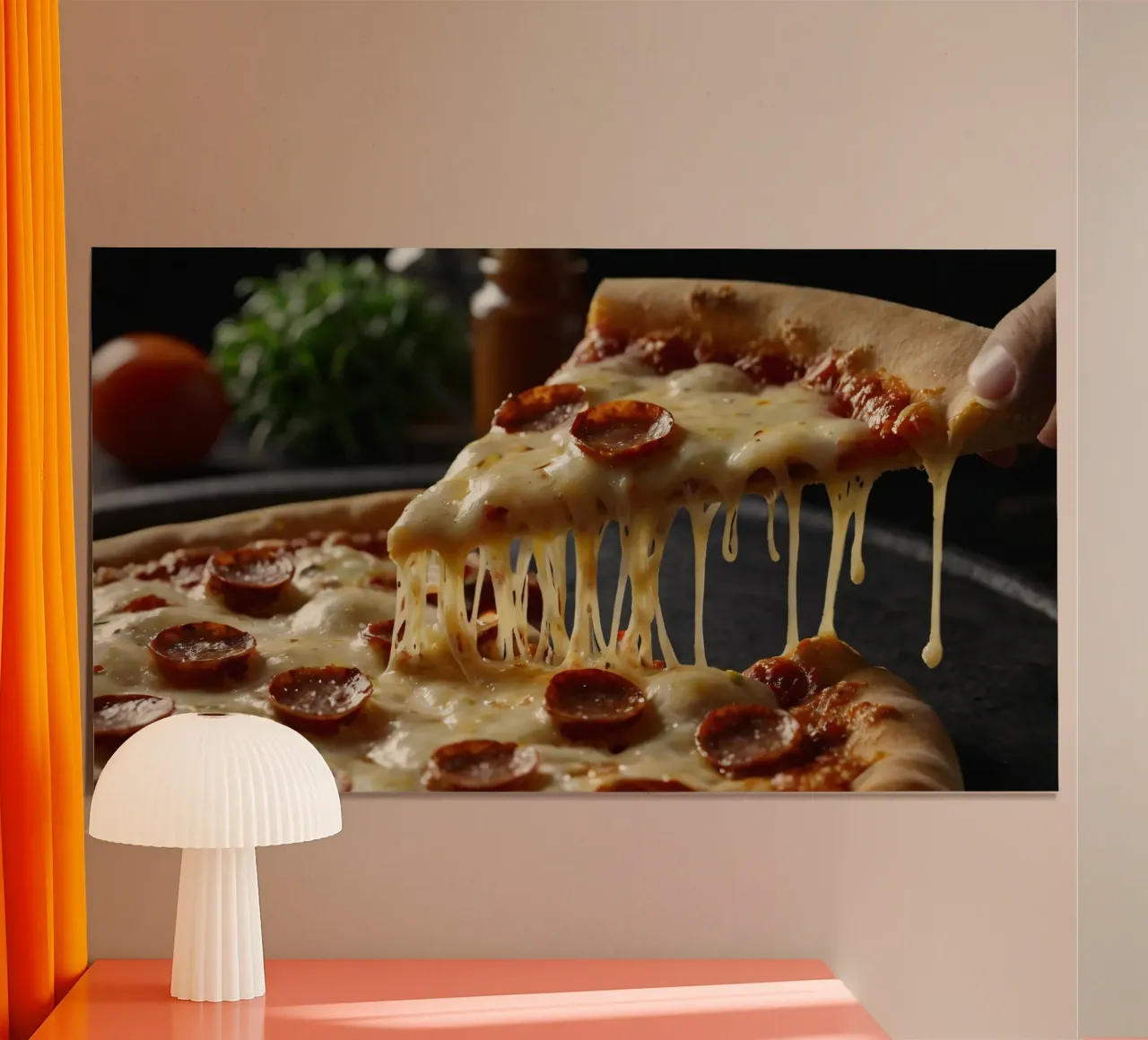 Leckere Peperoni-Pizza wird frisch aus dem Ofen serviert Poster mit Kunststoffrahmen von DesignDoodle