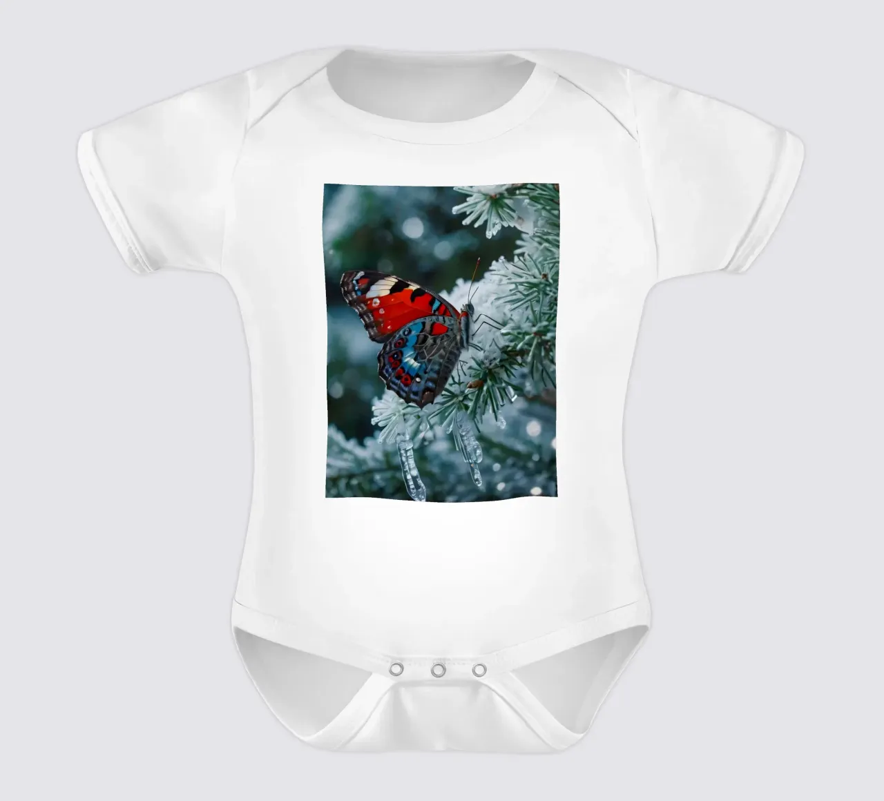 A butterfly resting on evergreen branches covered in frost short-sleeve baby romper by DesignDoodle
