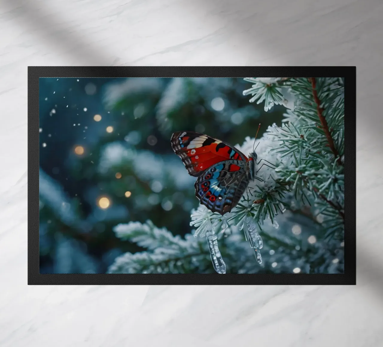 A butterfly resting on evergreen branches covered in frost doormat by DesignDoodle
