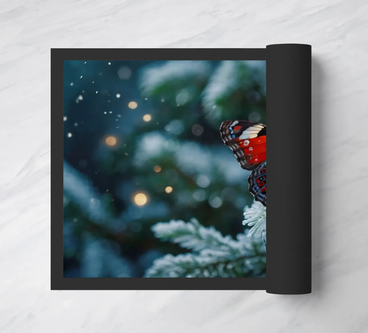 A butterfly resting on evergreen branches covered in frost doormat by DesignDoodle