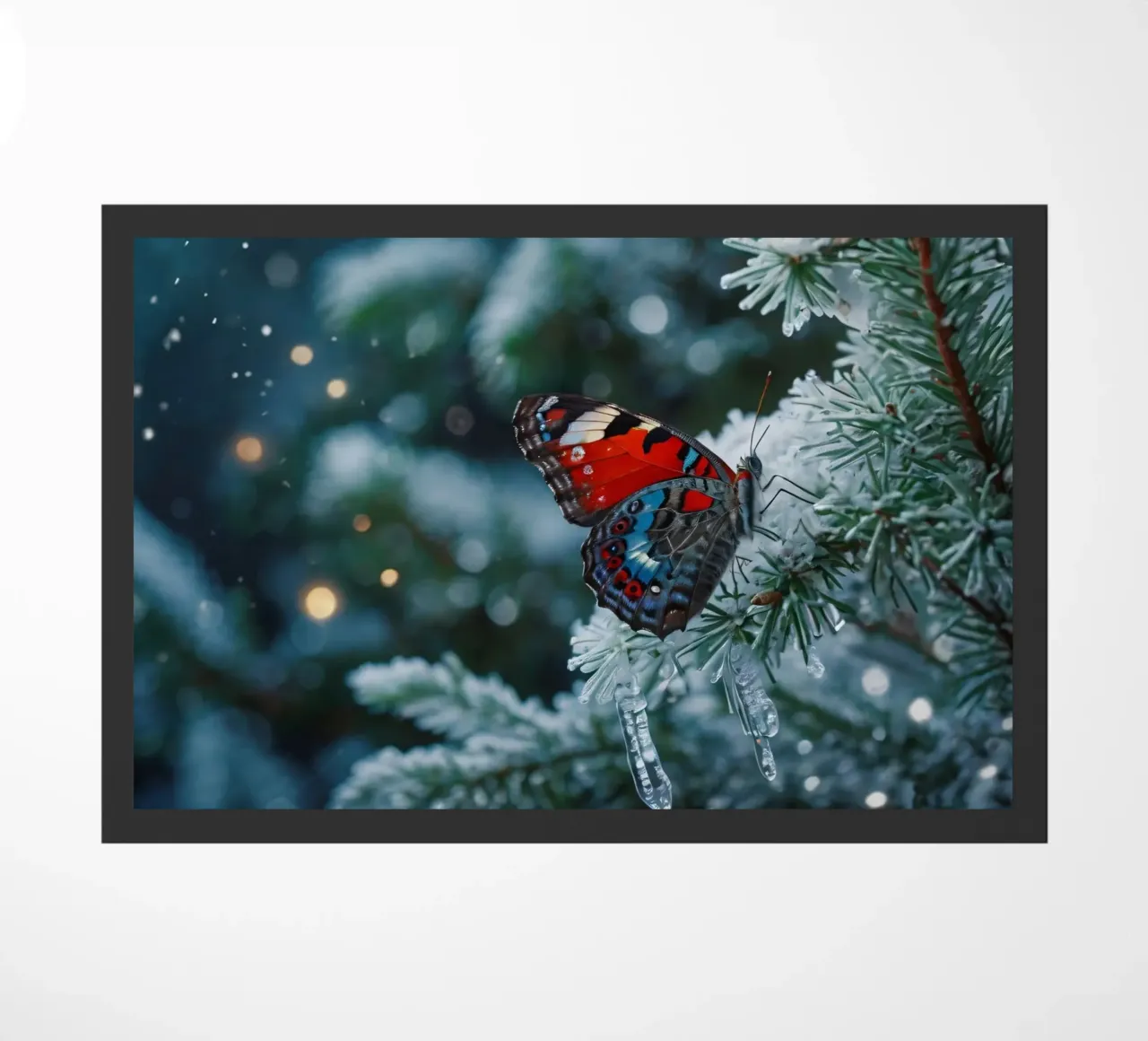 A butterfly resting on evergreen branches covered in frost doormat by DesignDoodle