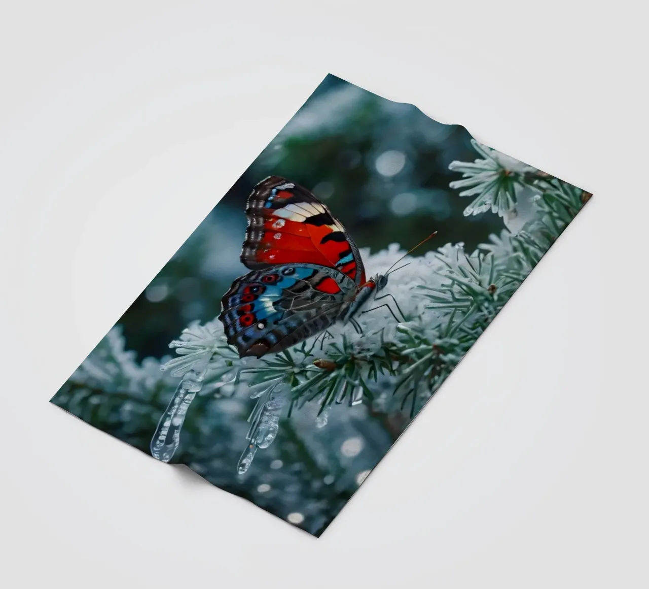 A butterfly resting on evergreen branches covered in frost fleece blanket by DesignDoodle