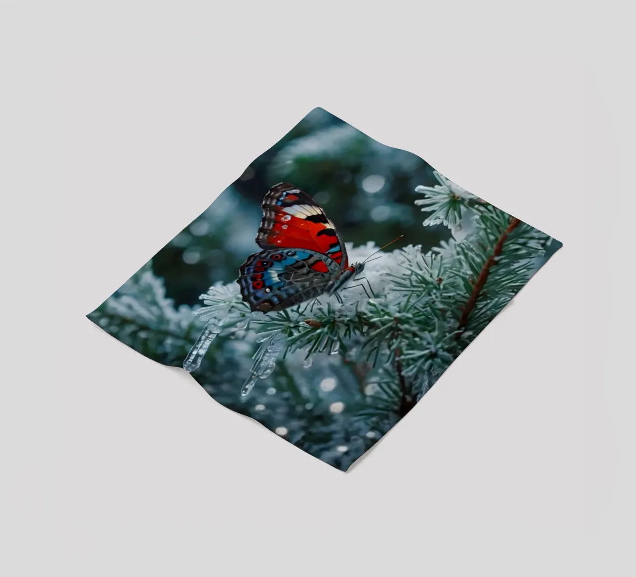 A butterfly resting on evergreen branches covered in frost fleece blanket by DesignDoodle