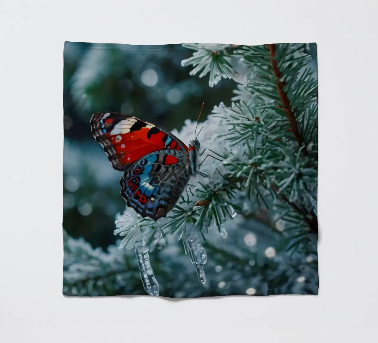 A butterfly resting on evergreen branches covered in frost fleece blanket by DesignDoodle