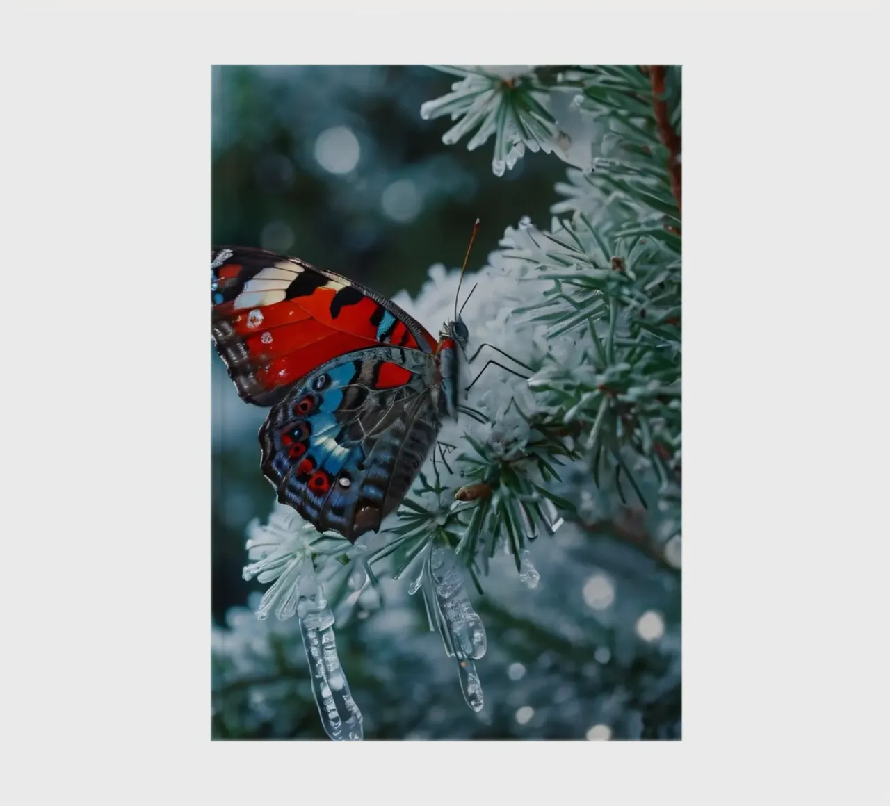 A butterfly resting on evergreen branches covered in frost notebook by DesignDoodle