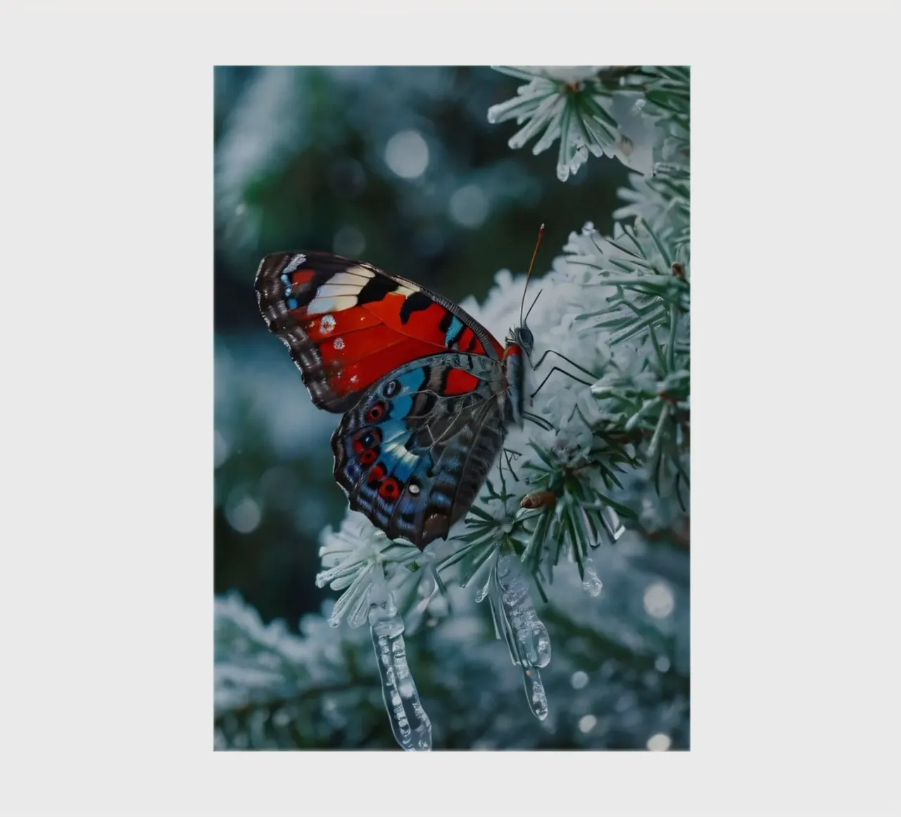 A butterfly resting on evergreen branches covered in frost notebook by DesignDoodle