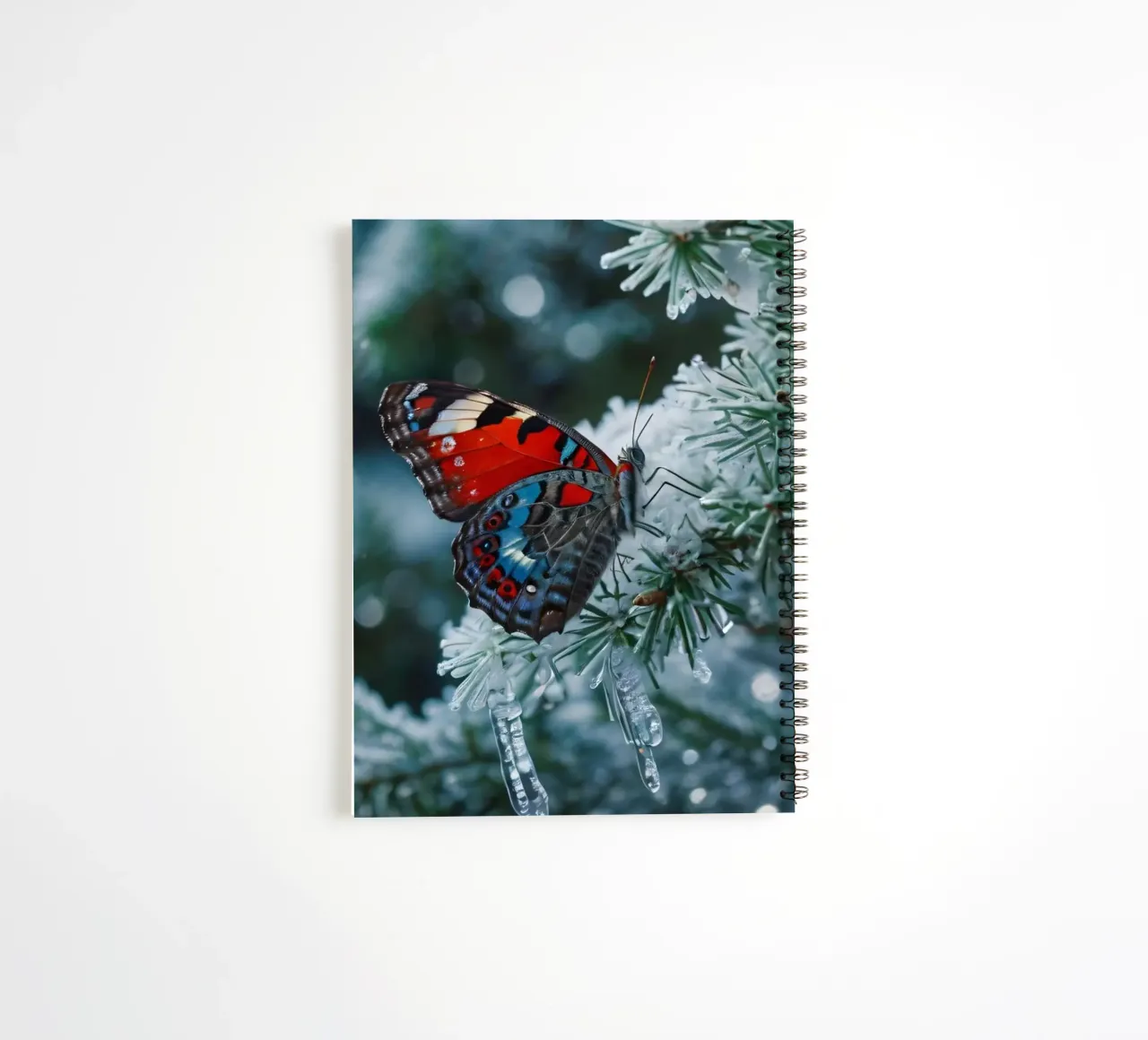 A butterfly resting on evergreen branches covered in frost spiral notebook by DesignDoodle