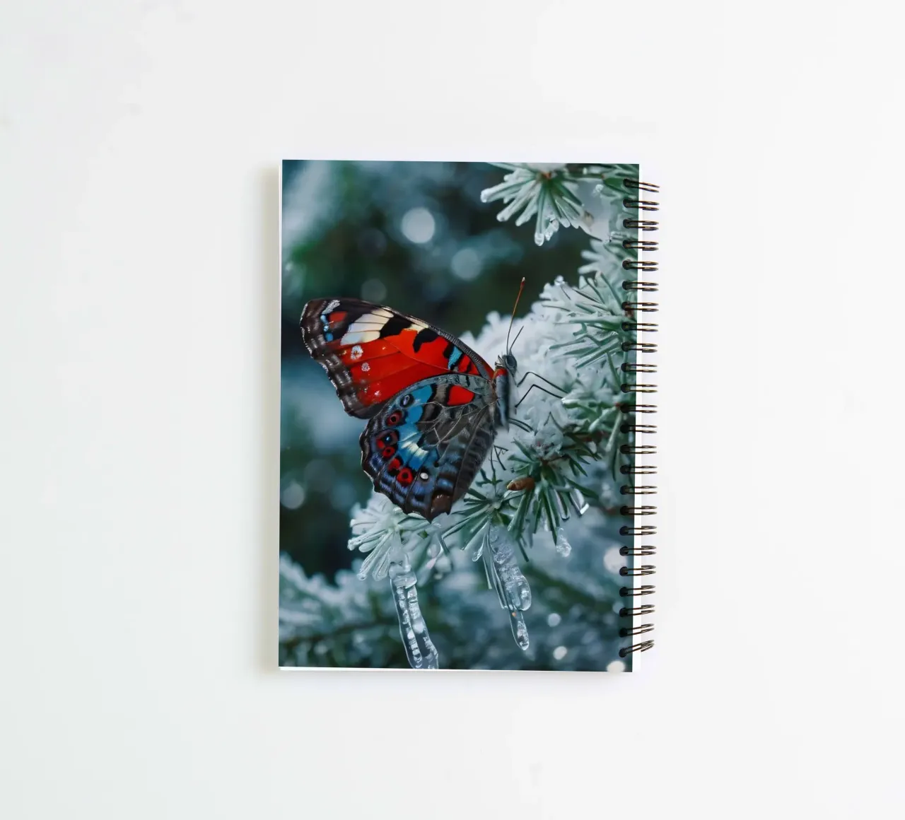 A butterfly resting on evergreen branches covered in frost spiral notebook by DesignDoodle