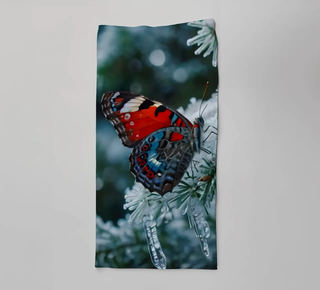A butterfly resting on evergreen branches covered in frost towel by DesignDoodle