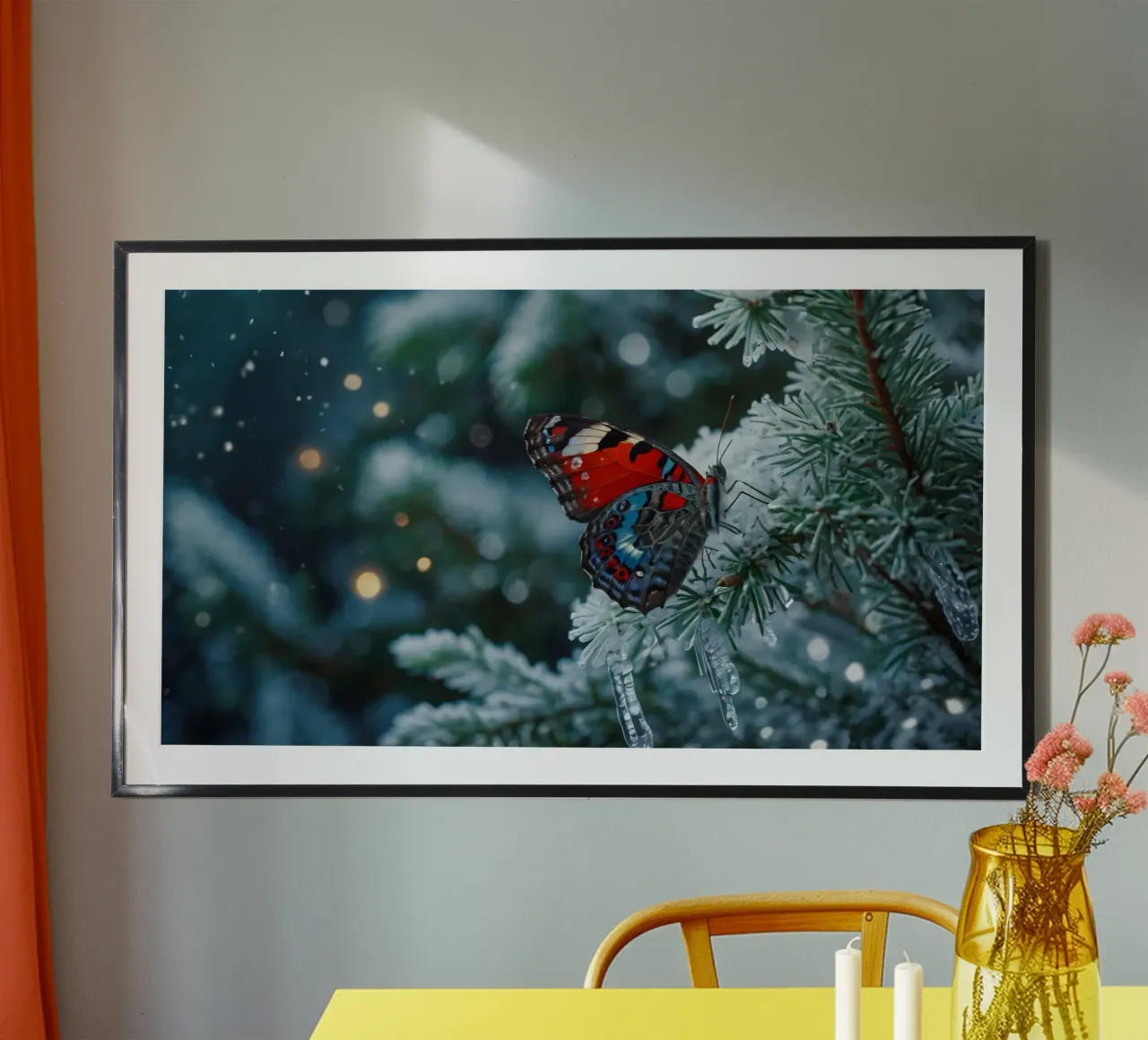 A butterfly resting on evergreen branches covered in frost hahnemühle by DesignDoodle