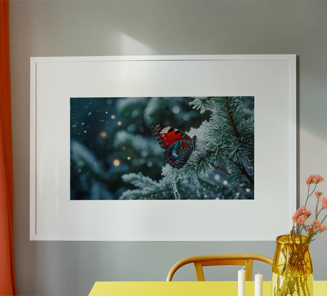 A butterfly resting on evergreen branches covered in frost hahnemühle by DesignDoodle