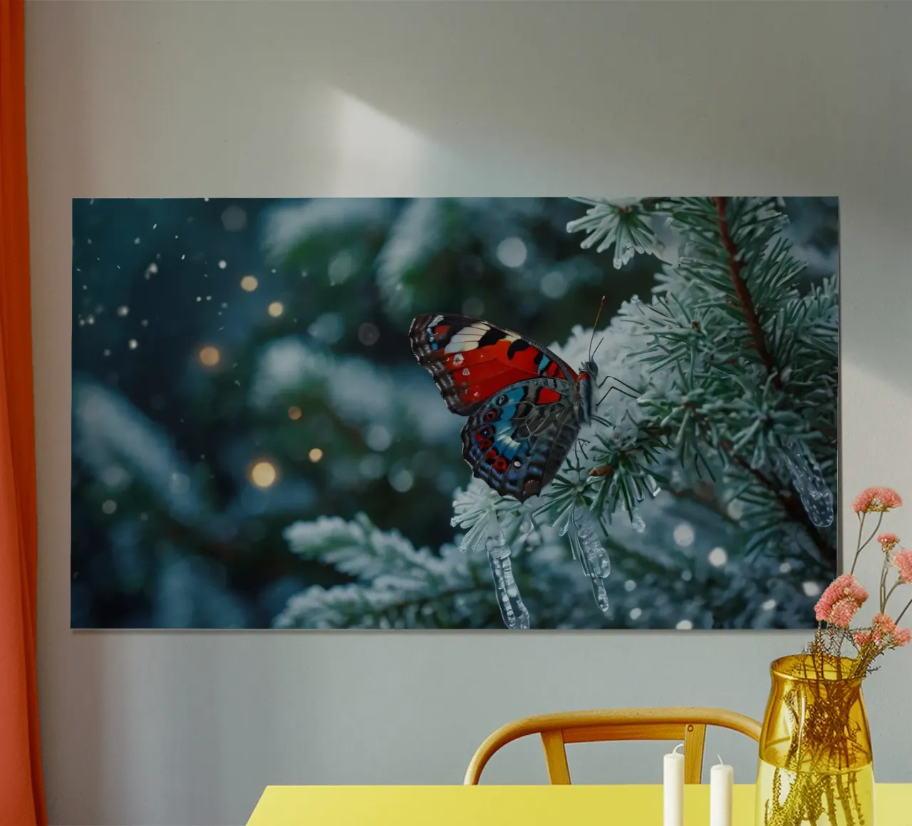 A butterfly resting on evergreen branches covered in frost hahnemühle by DesignDoodle