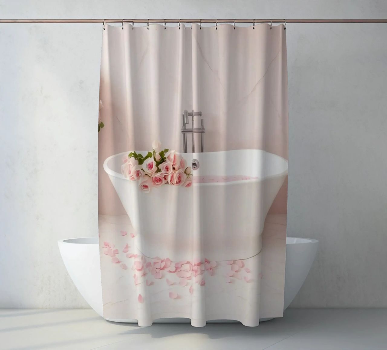 Elegante Badewanne mit rosa Rosen und Blütenblättern geschmückt Duschvorhang von DesignDoodle