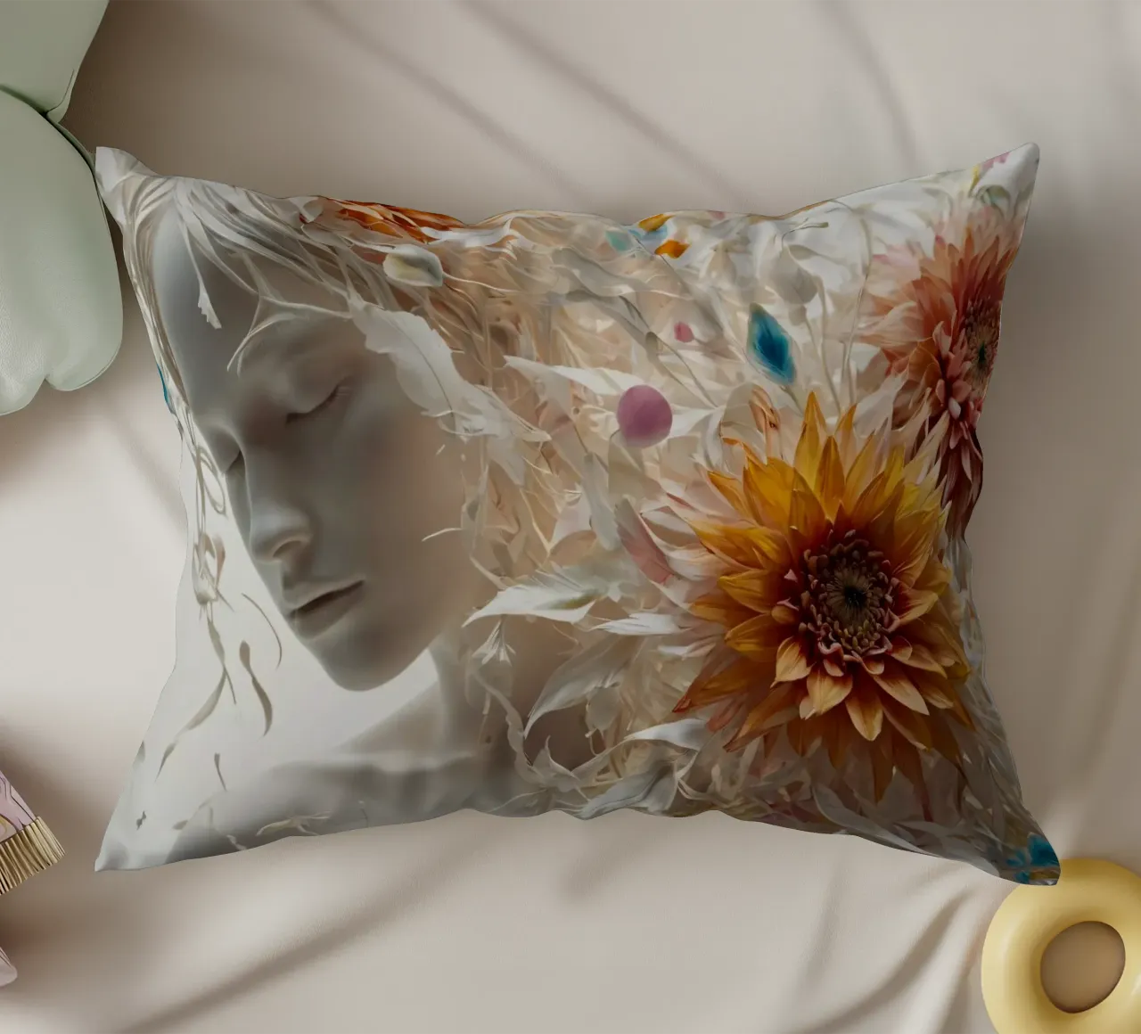 Una tranquilla scultura di donna ornata di fiori vivaci cuscino da DesignDoodle