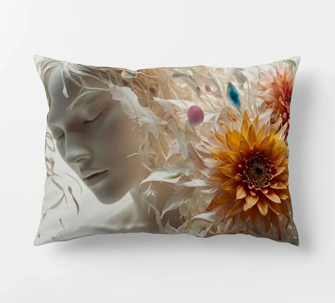 Una tranquilla scultura di donna ornata di fiori vivaci cuscino da DesignDoodle