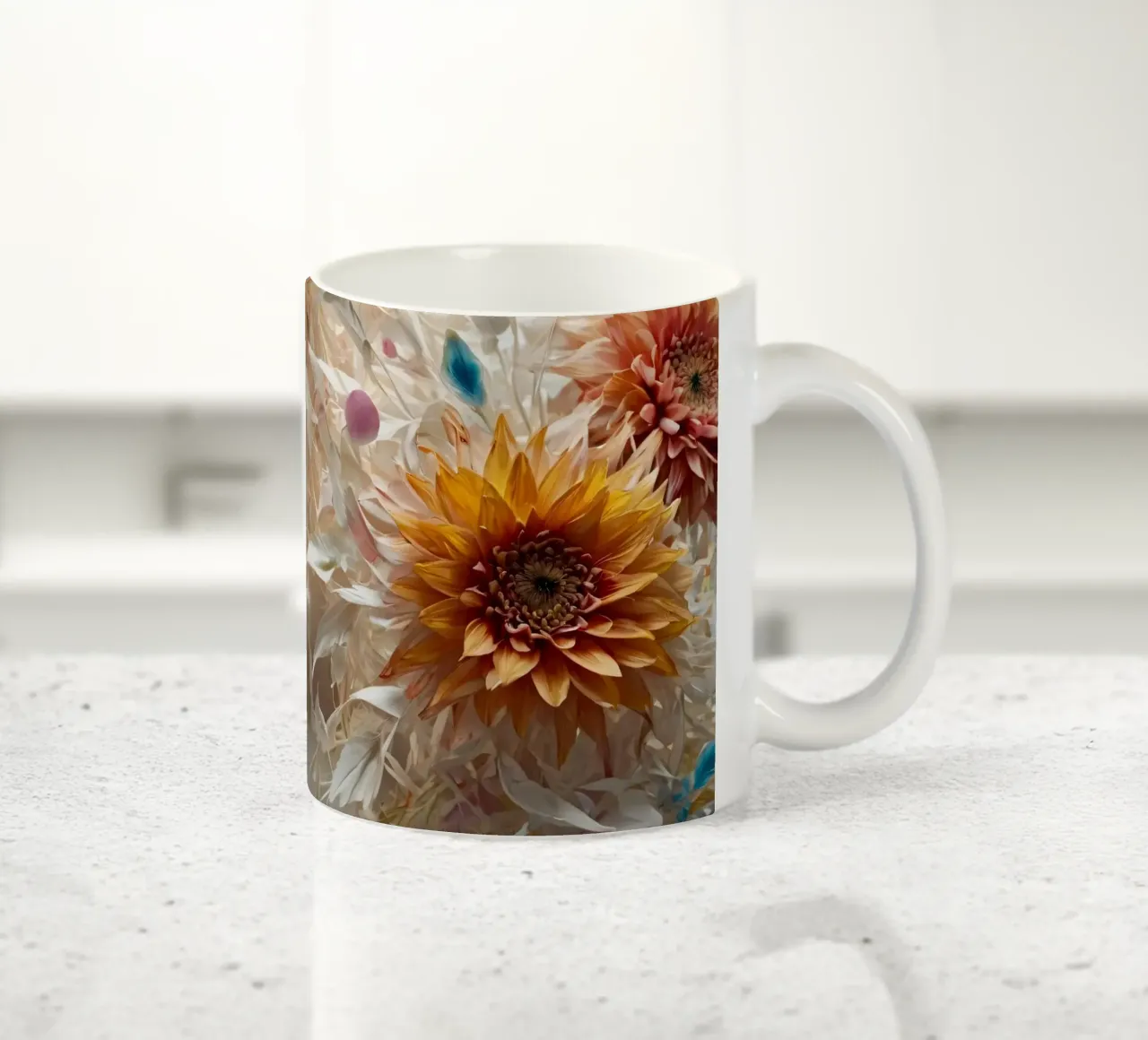 Eine ruhige Skulptur einer Frau, die mit lebhaften Blumen geschmückt ist Keramik Tasse von DesignDoodle