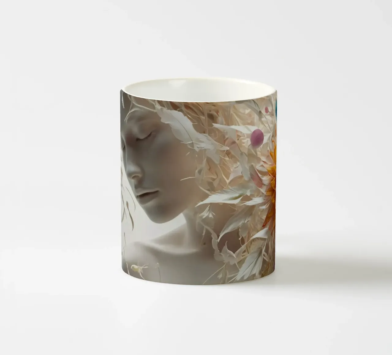 Eine ruhige Skulptur einer Frau, die mit lebhaften Blumen geschmückt ist Keramik Tasse von DesignDoodle