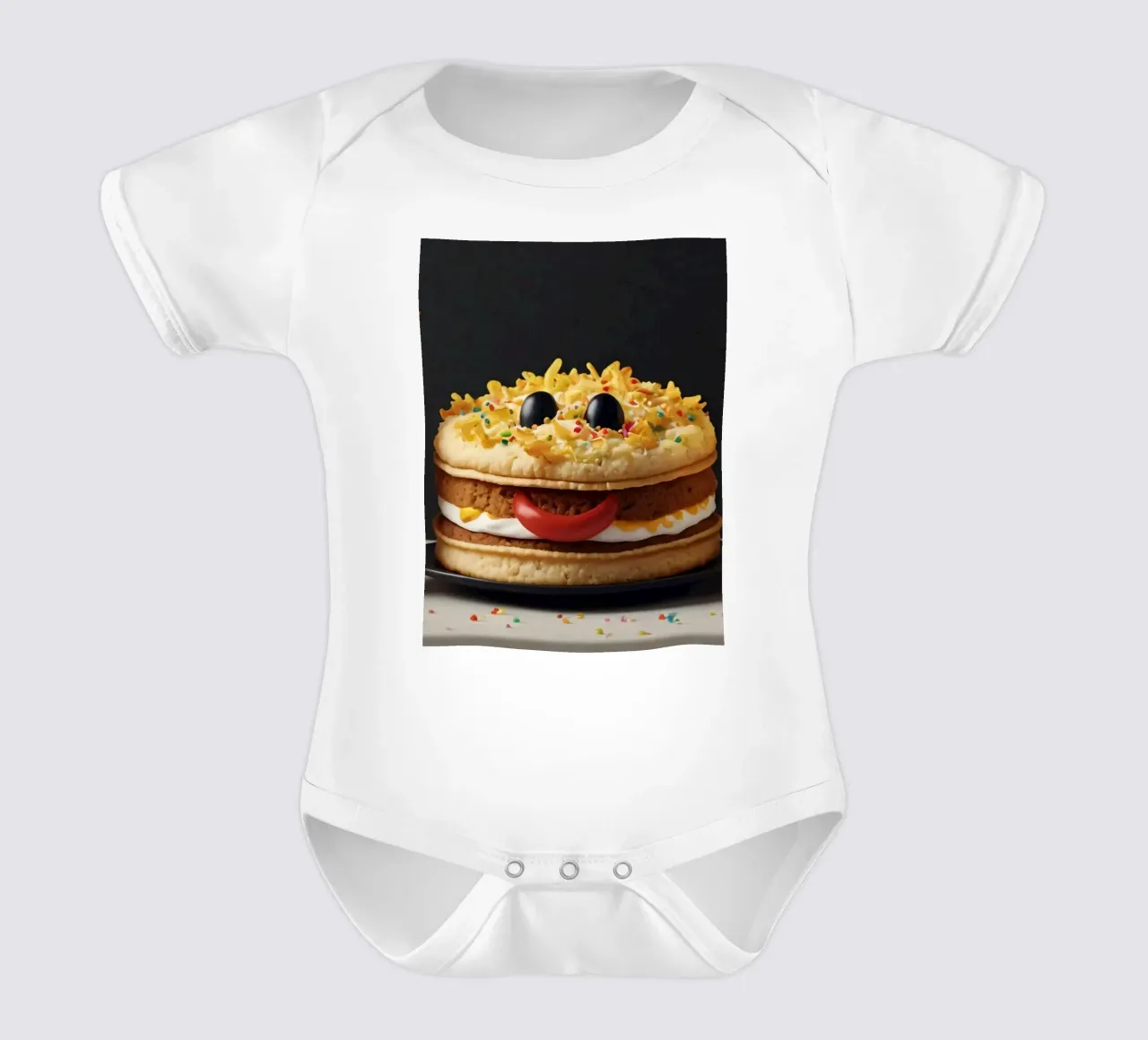 Fun and colorful dessert display featuring a playful burger short-sleeve baby romper by DesignDoodle