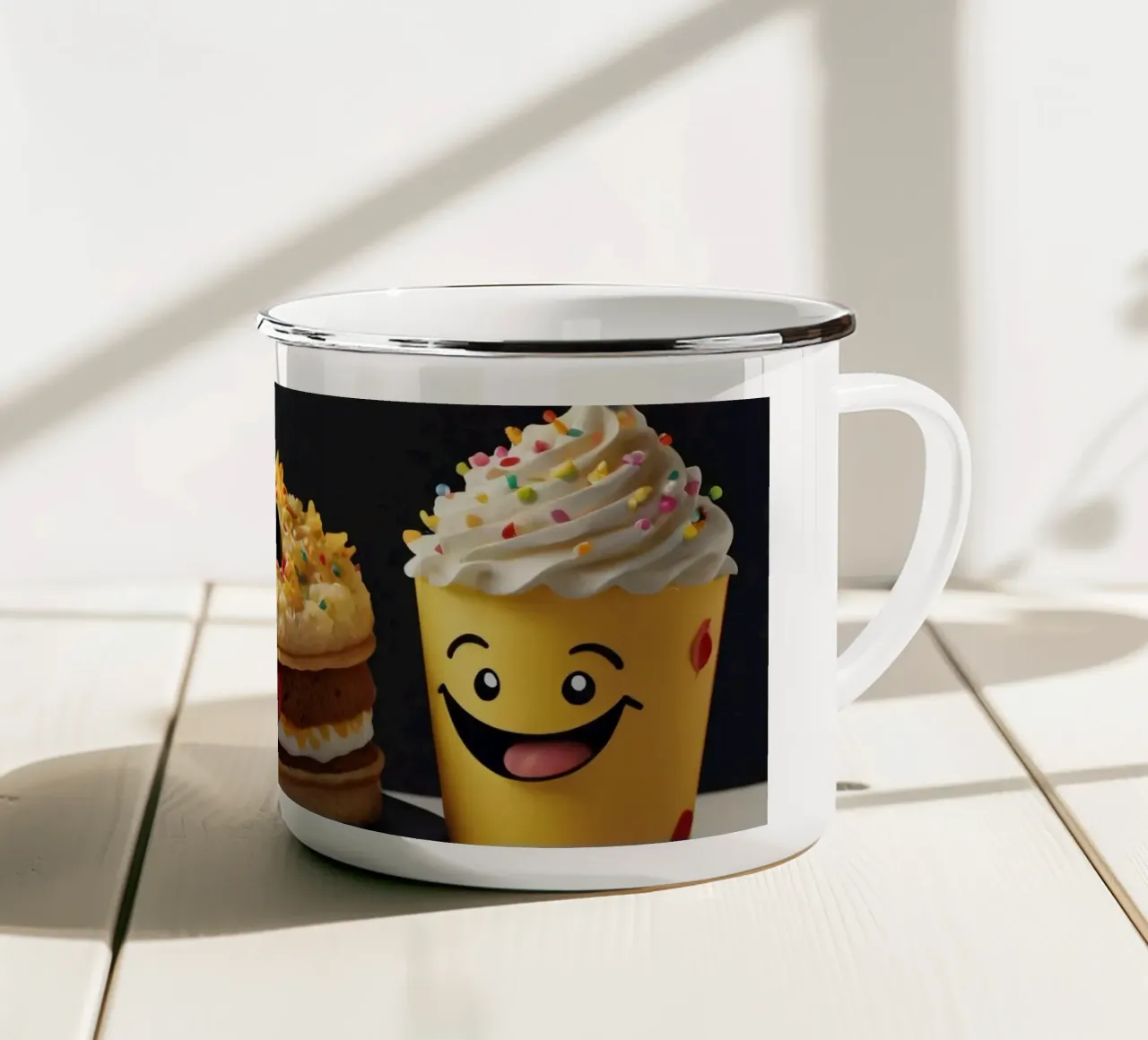 Esposizione di dessert divertente e colorata con un hamburger giocoso tazza in smalto da DesignDoodle