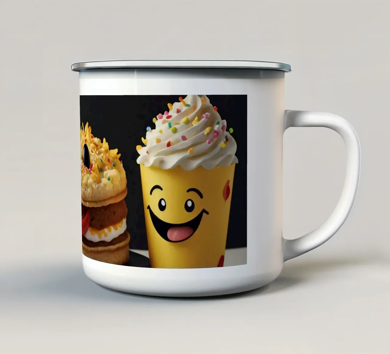 Esposizione di dessert divertente e colorata con un hamburger giocoso tazza in smalto da DesignDoodle