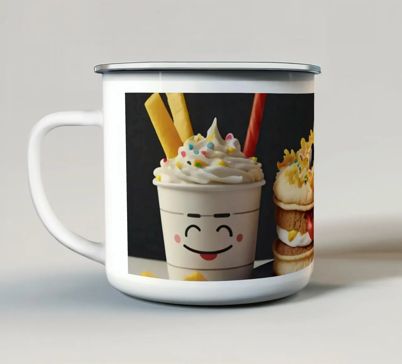 Esposizione di dessert divertente e colorata con un hamburger giocoso tazza in smalto da DesignDoodle