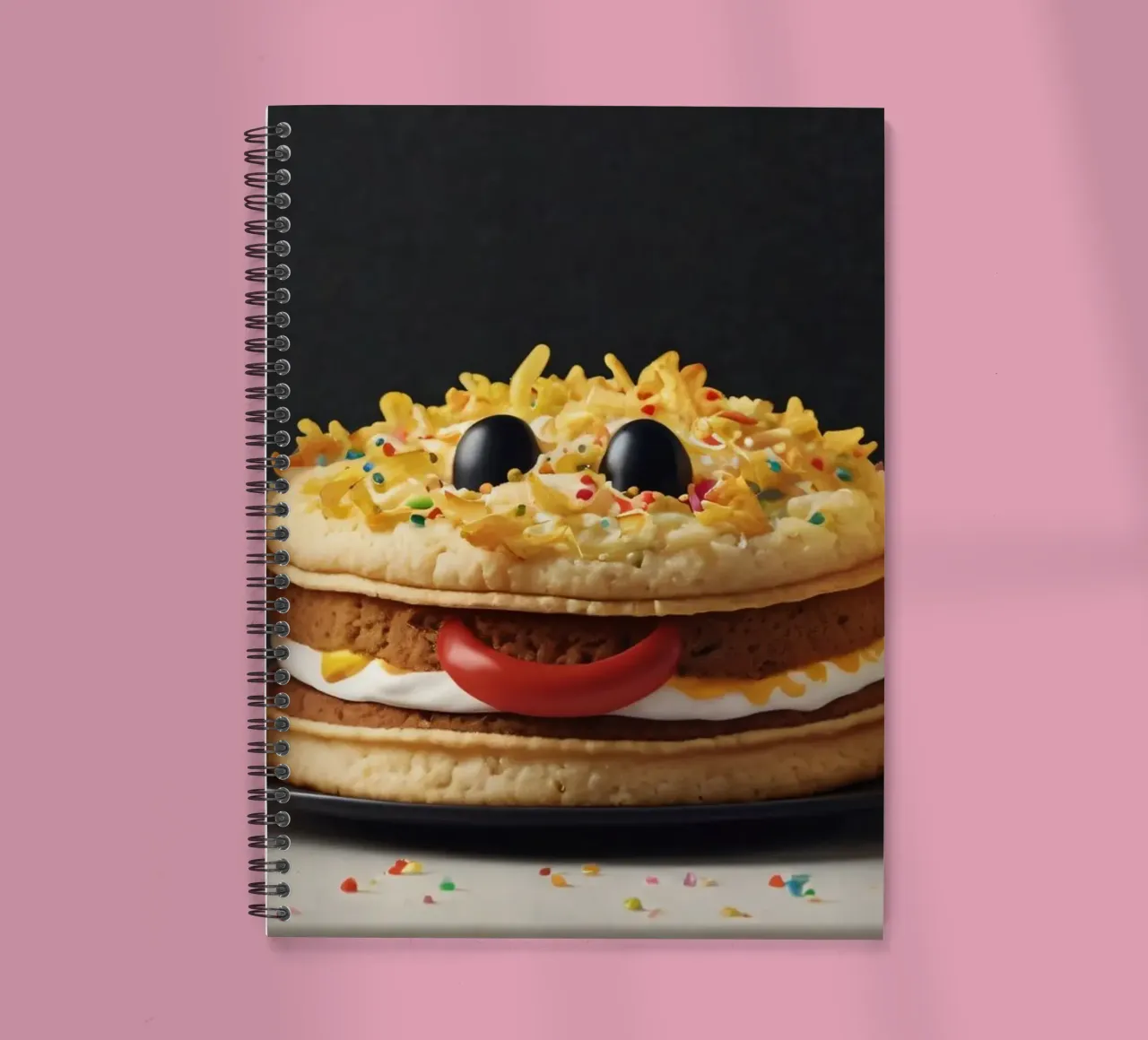 Fun and colorful dessert display featuring a playful burger spiral notebook by DesignDoodle