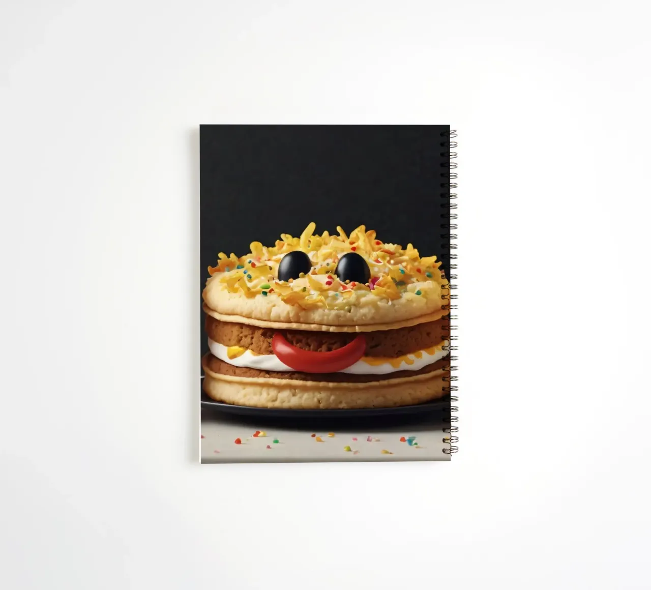 Fun and colorful dessert display featuring a playful burger spiral notebook by DesignDoodle
