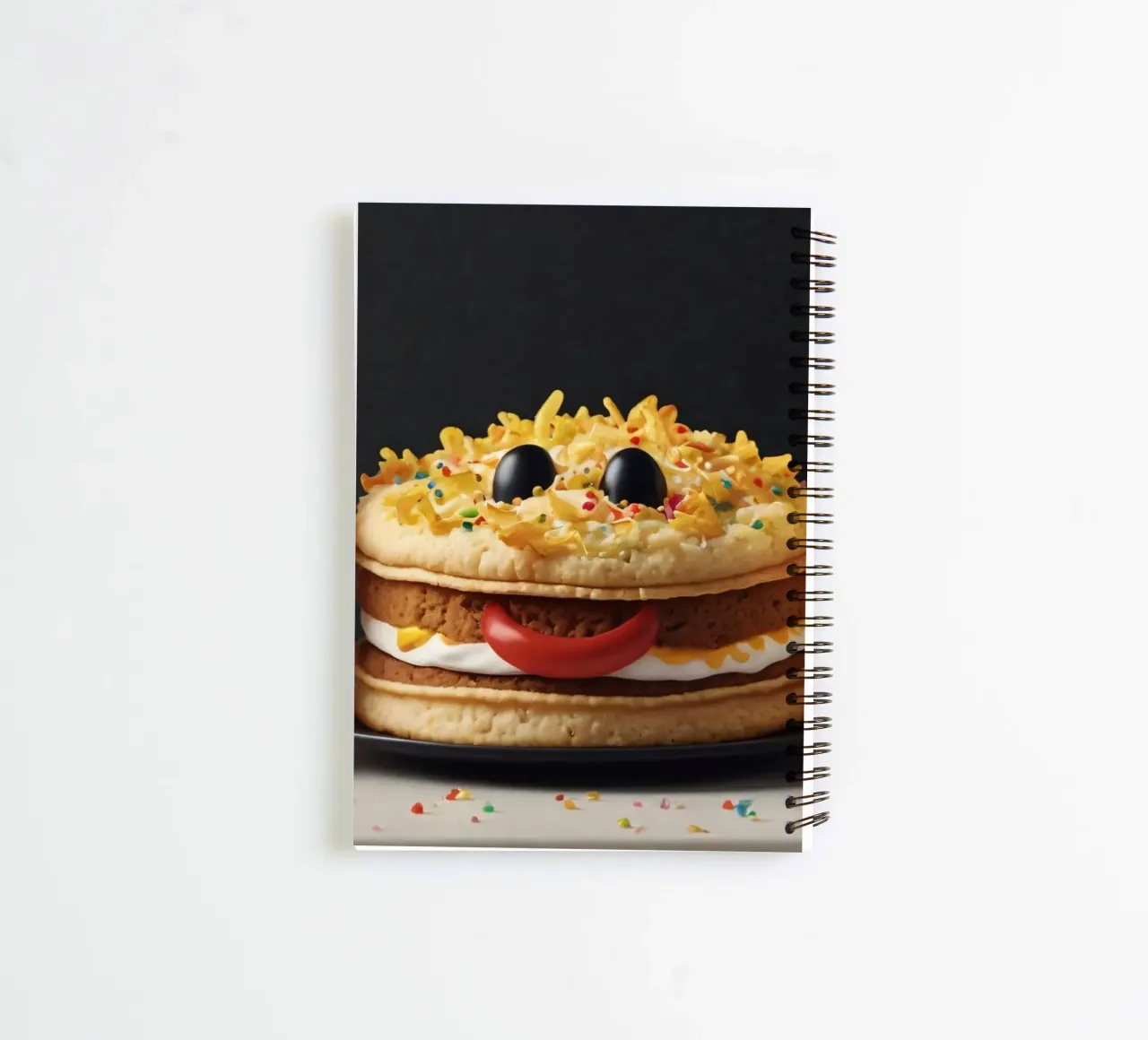 Fun and colorful dessert display featuring a playful burger spiral notebook by DesignDoodle