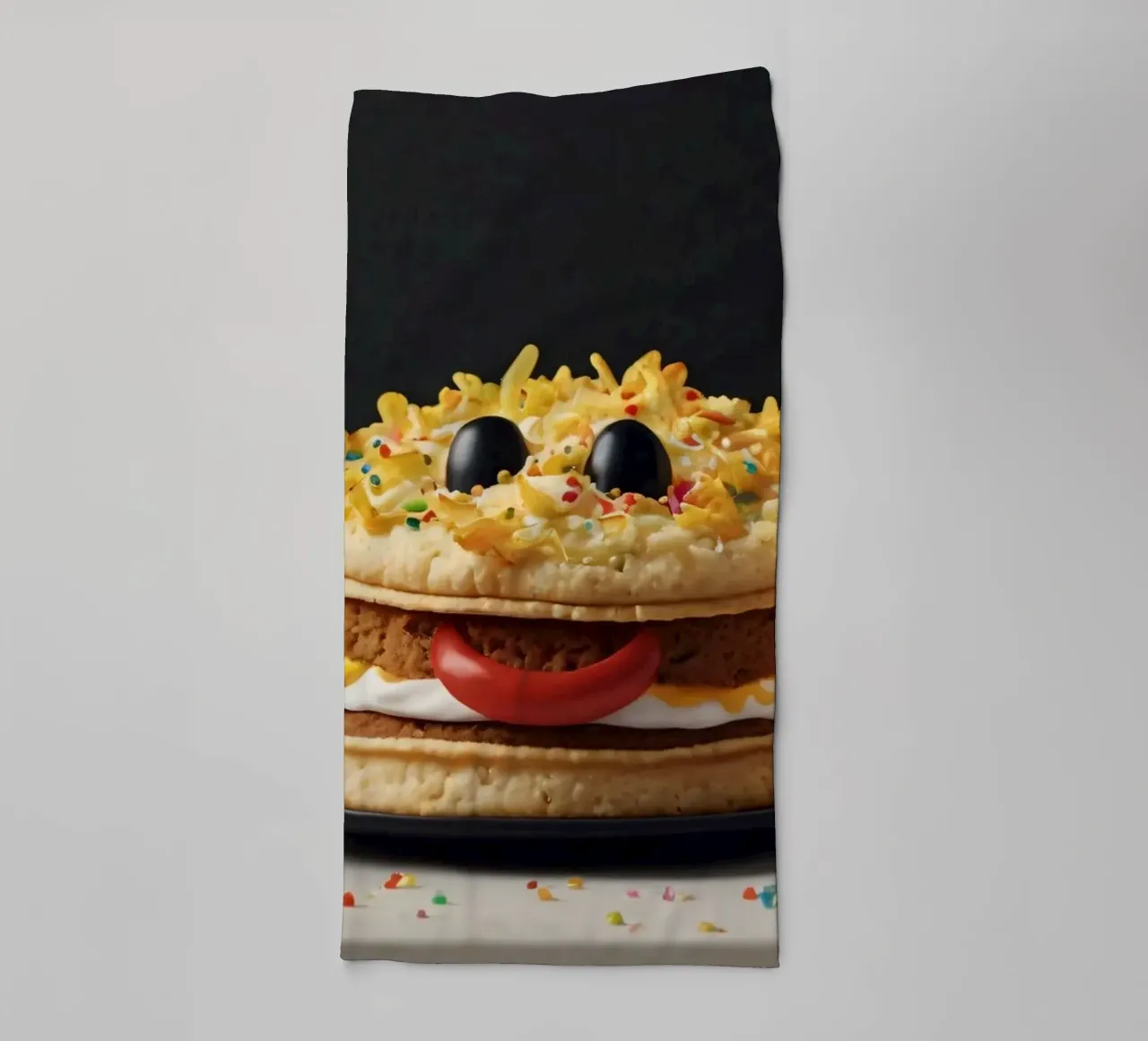 Fun and colorful dessert display featuring a playful burger towel by DesignDoodle