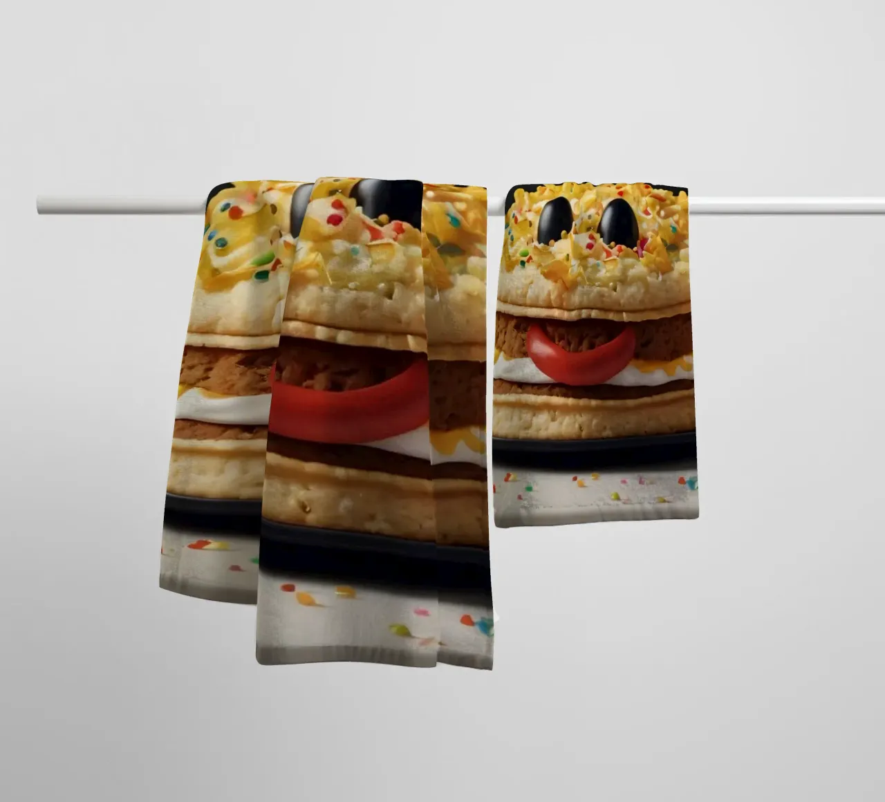 Fun and colorful dessert display featuring a playful burger towel by DesignDoodle